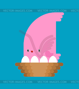 Pink Bird and Eggs in Nest cartoon . Birdie - vector clip art