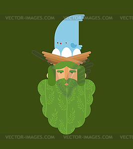 Wood goblin with bird on his head. Old man Spirit o - royalty-free vector clipart