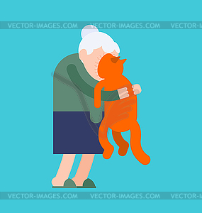 Grandma hugs cat. grandmother loves pet. granny - vector image
