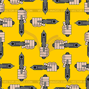 Gun in hand pattern seamless. Fist gun background. - vector clipart