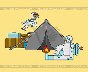 Space tourism. Cosmic camping. Astronaut and tent. - vector image