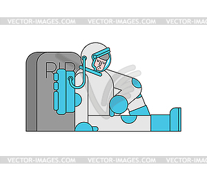 Sad Astronaut is sitting by grave. Spaceman and - stock vector clipart