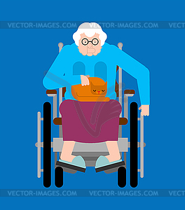 Grandma on wheelchair. Disabled granny can`t walk - vector image