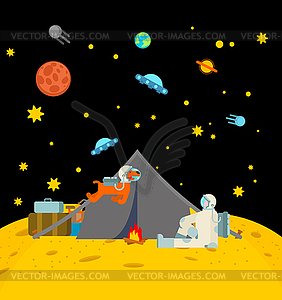 Space tourism. Cosmic camping on moon. Astronaut an - vector image