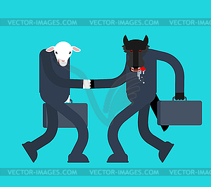 Овцы и Волк рукопожатие. деловые переговоры - рисунок в векторе