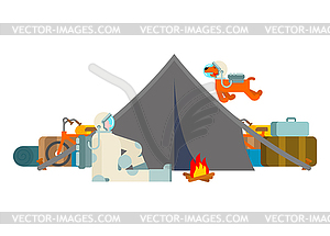 Space tourism. Cosmic camping. Astronaut and tent. - vector image