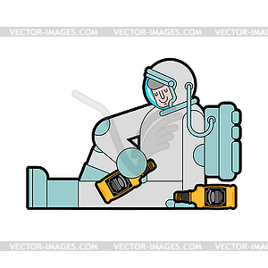 Astronaut drunk Alcohol. Spaceman and bottle - vector image