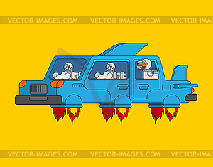 Flying car. Space tourism. Spaceship auto. - vector image