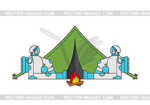 Space tourism. Cosmic camping. Astronaut and tent. - vector image