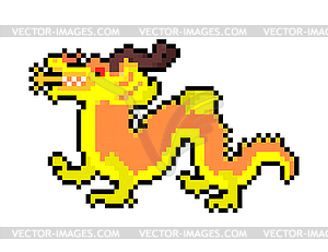 Gold Chinese dragon pixel art. Golden japanese - vector clip art