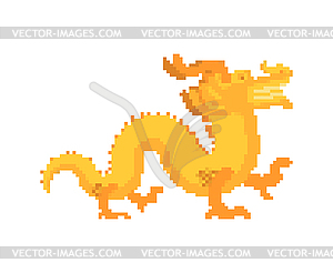 Gold Chinese dragon pixel art. Golden japanese - vector image