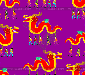 People in Chinese Dragon costume pattern seamless. - vector image