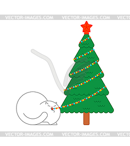 Cat eats garland on Christmas tree. Xmas and New - royalty-free vector clipart