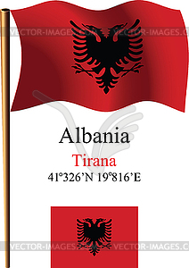 Albania wavy flag and coordinates - vector image