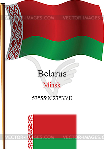 Belarus wavy flag and coordinates - vector clipart