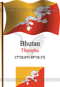 Bhutan wavy flag and coordinates - vector image