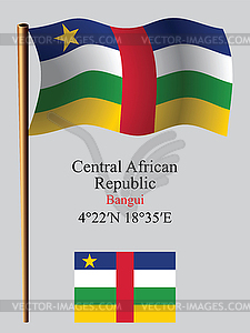 Central african republic wavy flag and coordinates - vector image