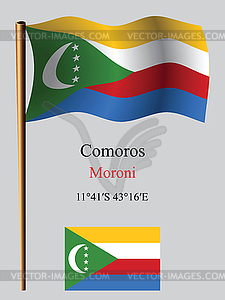 Comoros wavy flag and coordinates - vector clipart
