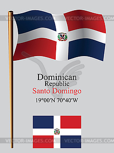 Dominican republic wavy flag and coordinates - vector clipart