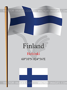 Finland wavy flag and coordinates - vector image