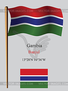 Gambia wavy flag and coordinates - vector EPS clipart