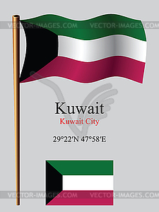 Kuwait wavy flag and coordinates - vector clip art