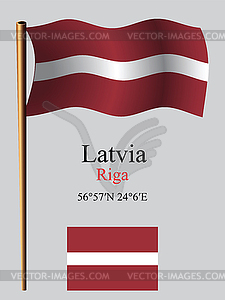 Latvia wavy flag and coordinates - vector clip art