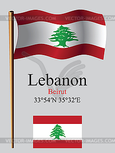 Lebanon wavy flag and coordinates - vector image