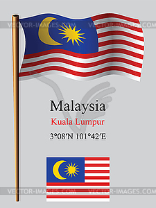 Malaysia wavy flag and coordinates - vector clip art