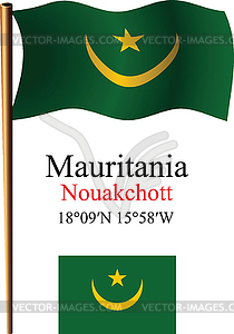 Mauritania wavy flag and coordinates - vector clip art