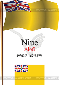 Niue wavy flag and coordinates - vector clip art