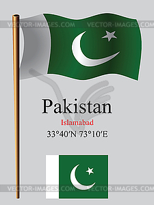 Pakistan wavy flag and coordinates - vector image