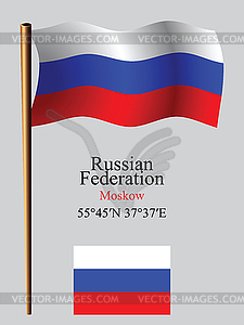 Russia wavy flag and coordinates - vector clip art