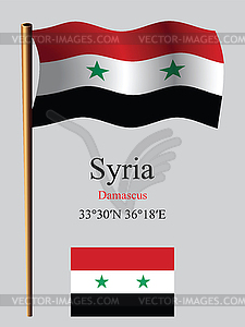 Syria wavy flag and coordinates - vector clipart