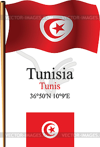 Tunisia wavy flag and coordinates - vector clipart