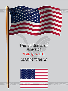 United states of america wavy flag and coordinates - vector clip art