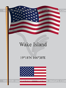 Wake island wavy flag and coordinates - vector image