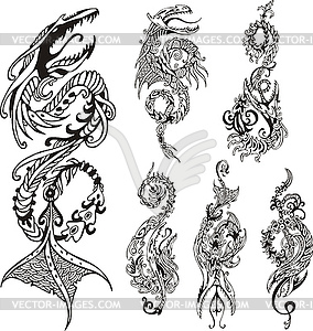 Vertical stylized dragon tattoos - vector clip art