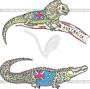 Australian lizard and crocodile - vector image