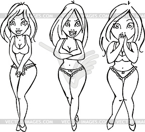 Three pretty girls in swimsuits - vector clip art