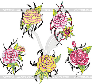 Set of tribal rose flower tattoos - vector clipart