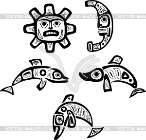 Native shoshone tribal drawings. Fish, sun, moon - vector image