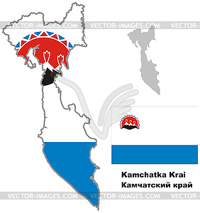 Outline map of Kamchatka krai with flag - vector clip art