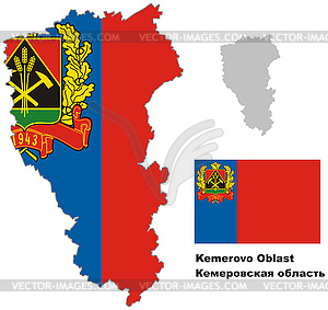 Outline map of Kemerovo Oblast with flag - vector clip art