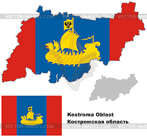 Outline map of Kostroma Oblast with flag - vector image
