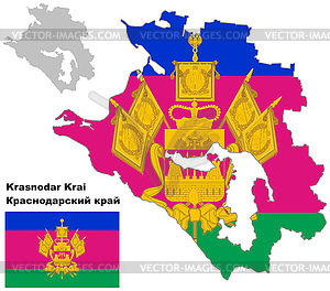 Outline map of Krasnodar Krai with flag - vector clip art