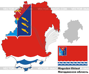 Outline map of Magadan Oblast with flag - vector clipart