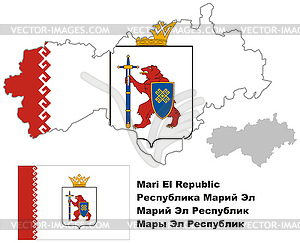 Outline map of Mari El with flag - vector image