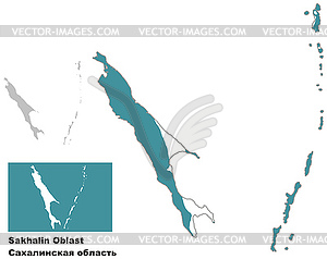 Outline map of Sakhalin Oblast with flag - vector image