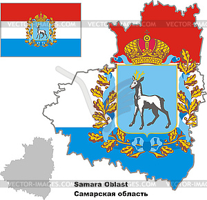 Контур карты Самарской области с флагом - иллюстрация в векторном формате